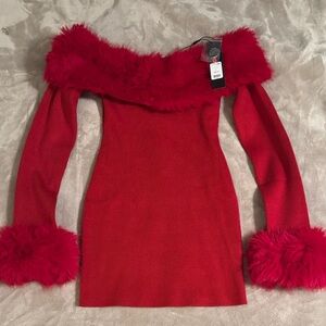 Fashion Nova Red Off-Shoulder Sweater with Faux Fur